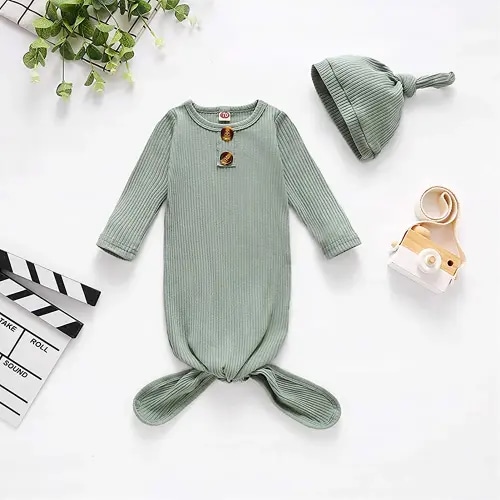 Baby Knotted Sleeper Gown Unisex Boys Girls Sleepsuits with Mitten Cuffs and Matching Hat Baby Coming Home Outfit