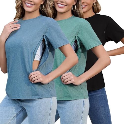 Ecavus Women's 3-Pack Nursing Shirts for Breastfeeding with Hidden Zippers Loose Fit Maternity Tops