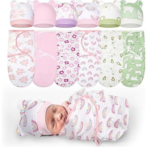 Ramede 6-Pack Preemie Baby Swaddle Blankets with Hats, Breathable 100% Cotton Baby Swaddles, Suitable for Preemie Babies and Newborns, Soft Cotton, Adjustable(Flower,Pink and Green)