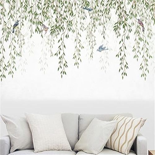 Green Vine Leaves Wall Decals Peel and Stick Hanging Green Ivy Plants Leaf Birds Wall Stickers Living Room Bedroom Office Sofa TV Background Wall Decor 34.6in*20.8in