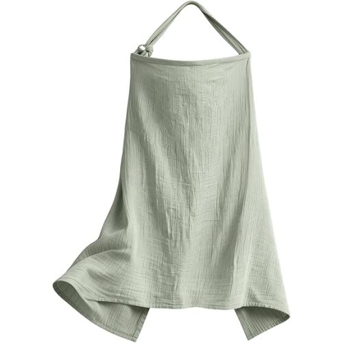 Nursing Cover for Breastfeeding 100% Cotton Muslin Breast Feeding Cover Up Soft Breathable Privacy Nursing Scarf with Arch Adjustable Hoop Apron for Mother Women, Green
