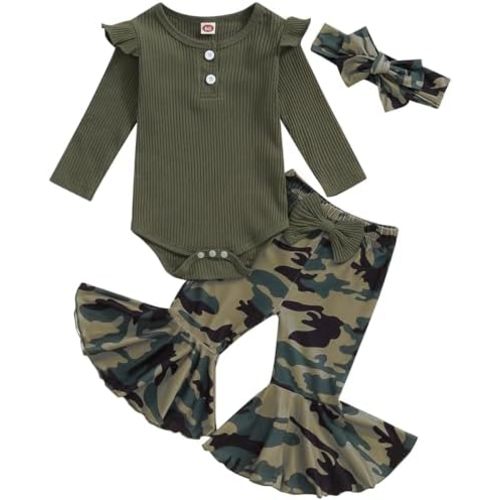 Mubineo Baby Girl Clothes Romper Pant Outfits Long Sleeve Bodysuit Tops Fashion Newborn Floral Bell Bottom Pant Outfit