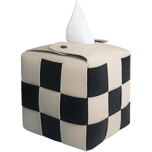 Tissue Box Cover, Square PU Leather Tissue Box Holder with Metal Buckle, Checkered Tissue Box, Decorative Organizer for Bedroom, Vanity Desk, Nightstand, Bathroom, Office (Beige)