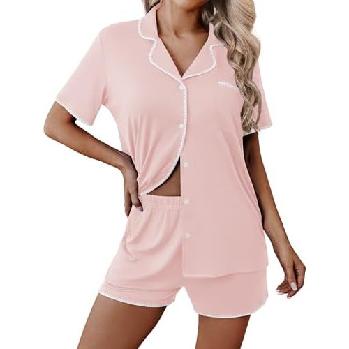 Ekouaer Pajamas for Women Set 2 Piece Soft Button Up Pjs Short Sleeve Summer Lounge Sets Comfy Sleepwear