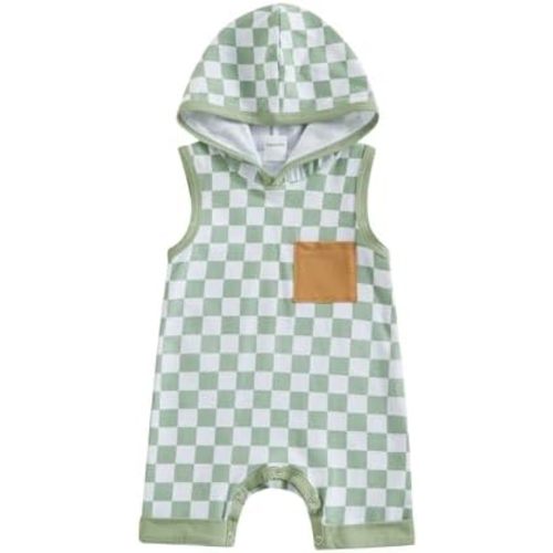 Newborn Boy Checkered Outfit Baby Sleeveless Hooded Romper Jumpsuit Cute Summer Clothes