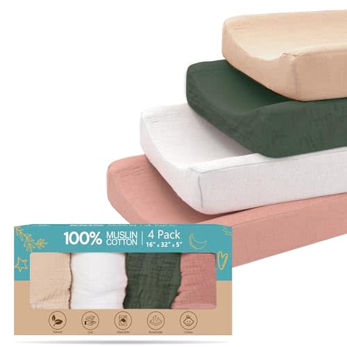100% Muslin Changing Pad Cover Ultra Soft 120GSM Baby Changing Pad Covers for Girls and Boys - Easy wash Diaper Changing pad Cover with Low Shrinkage (4 Pack - White/Sage Green/Beige/Sand)