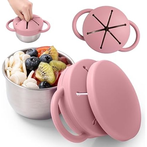 Snack Containers for Toddlers, 3-in-1 Stainless Steel Toddler Snack Cups with Removable Silicone Food Catcher & Travel Lids, No-Spill Snack Container for Baby Self-feeding (Pink, Pack of 1)