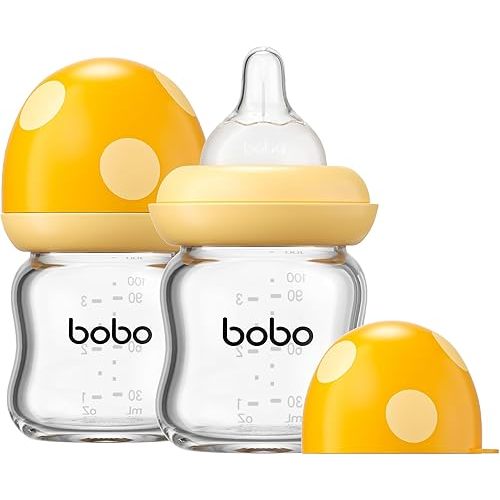 Natural Glass Baby Bottle with Natural Response Nipple, Newborn Anti-Colic Baby Bottles, Wide Neck Mushroom Cap Baby Bottle, Clear (Yellow, 3.4oz (Pack of 2))
