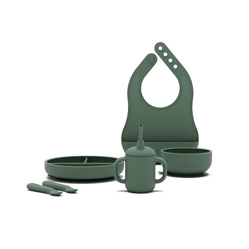 Lalo First Bites Silicone Baby Feeding Set - Baby Led Weaning Supplies - Non-Toxic Silicone - Includes 1 Bib, 2 Spoons, Training Cup, Suction Plate and Bowl - 6 Pieces - Olive