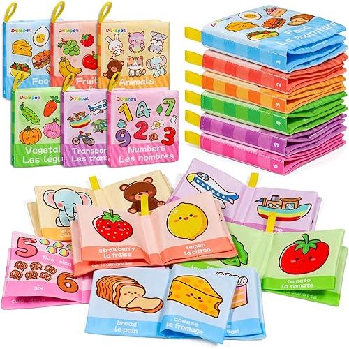 Dr.Rapeti 6 Pack French Soft Books, French Bath Book, Baby Soft Cloth Book, Sensory Book, Crinkle Soft Book, Washable Nontoxic Educational Learning Toy for Baby Infant Toddler Kids
