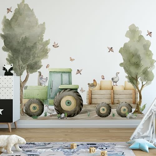 Farm Tractor Wall Decal,Farmhouse Animals Chickens, Ducks, Birds,Goose,Clouds,Trees Wall Stickers,Farm Tractor with Trailer Decor for Boys Girls Playroom Barn Nursery Kids Room (Multicolor)