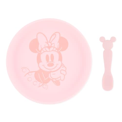 Bumkins Disney Baby and Toddler Plate and Spoon Set, Silicone Dish for Babies and Kids, Baby Led Weaning, Children Feeding Supplies, Microwave Safe, Platinum Silicone, Ages 6 Months Up, Minnie Mouse