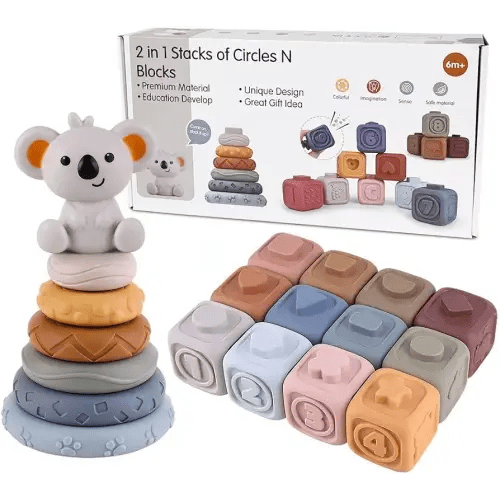 Soft Stacking Building Blocks Rings Sets, Montessori Toys for Babies 06-18 Months,Early Learning Toys for 6 Months and up Toddlers, Squeeze Stacker&Teething Toys for Babies 19 PCS