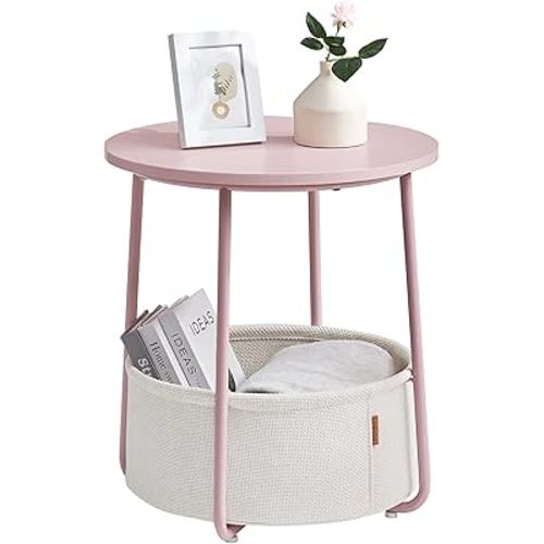 VASAGLE End Table, Small Bedside Table with Fabric Basket, Modern Nightstand, Round Side Table, for Living Room, Bedroom, Jelly Pink and Cream White ULET223R61