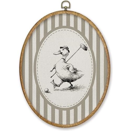 CGBHW Vintage Golf Duck Sports Nursery Oval Wall Art Decor Products, Golf Duck Canvas Prints Framed, Neutral Striped Farm Animal Wall Art Hanging Decor for Home Kids Boy Nursery Room Bedroom Playroom, 8.6x11.4 Inch
