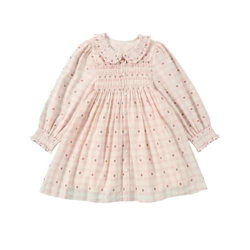 Twoflower Hand-Embroidered Dress - Smocking and Lace Vintage Autumn Long Sleeve Clothing Kids Toddler Holiday Birthday Party