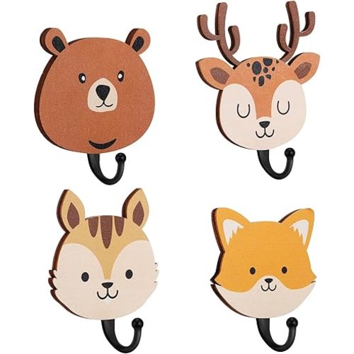 Tatuo 4 Pcs Kids Wall Hooks Wooden Safari Animal Decorative Wall Mount Coat Hooks Jungle Animal Theme Nursery Decor Cute Towel Hanger for Kids Room Bedroom Bathroom Home Decorations