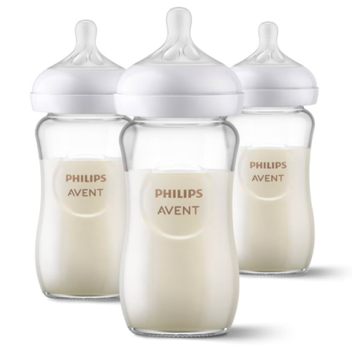 Philips Avent Natural Glass Baby Bottles with Natural Response Nipples (Medium Flow, Flow 3), 8oz, 3-pack, SCY913/03