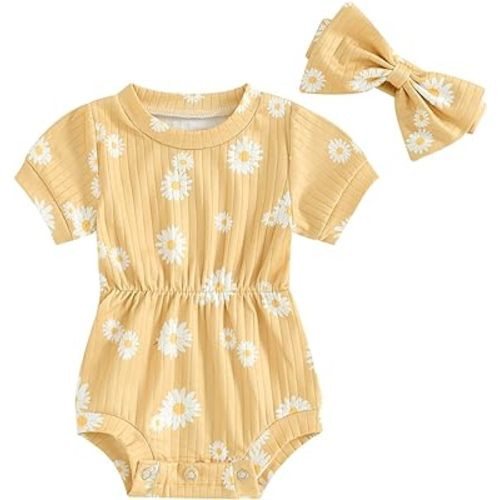 Baby Girl Summer Clothes Ribbed Short Sleeve Romper Solid Color Bodysuits Bow Headband Outfit Newborn Girl Jumpsuit
