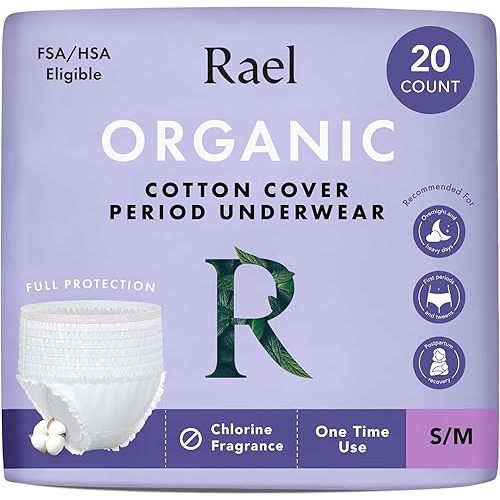 Rael Disposable Underwear for Women, Organic Cotton Cover - Postpartum Essentials, Leak Locker, Unscented, Maximum Coverage (Size S-M, 20 Count)