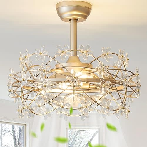 Gold Fandelier Ceiling Fans with Lights, 20" Crystal Chandelier Ceiling Fan with Light Remote Control, Flower Caged with 6 Speeds for Bedroom, Nursery, Living Room