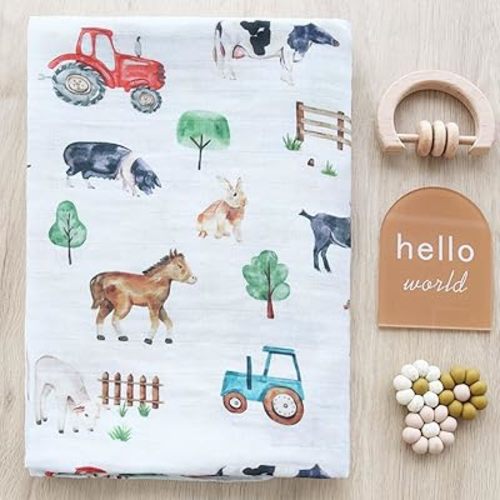 LifeTree Muslin Swaddle Blankets, Baby Swaddles Blanket for Boys Girls Newborn Nursery, Soft Large 47" x 47", Farm Animals, 70% Viscose from Bamboo and 30% Cotton