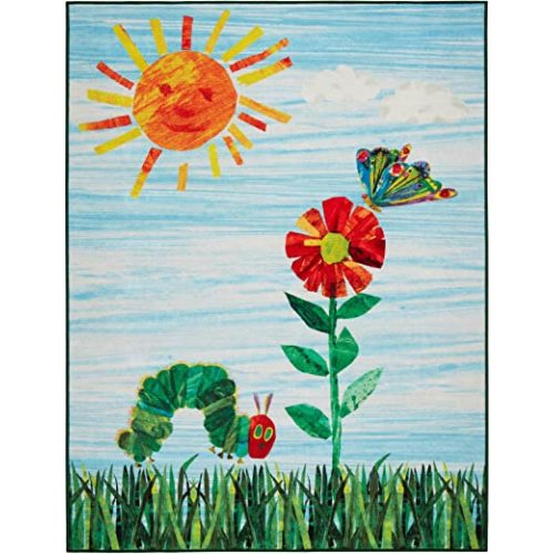 Eric Carle Home Dynamix The Very Hungry Caterpillar Elementary Sun Scene Kids Machine Washable Area Rug, Blue/Green, 35"x51"