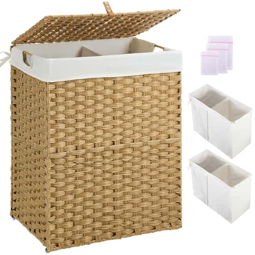 Greenstell Laundry Hamper No Install Needed, Divided Clothes Hamper with 2 Removable Liner Bags, 90L Handwoven Synthetic Rattan Laundry Basket with Lid and Handles, Foldable Natural