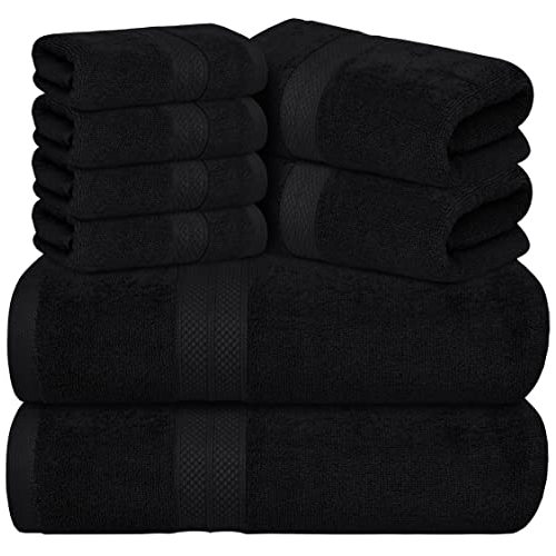 Avalon Towels Luxury 8 Piece Towels Set, 2 Bath Towels, 2 Hand Towels and 4 Washcloths Ring Spun Cotton 600 GSM, Highly Soft and Absorbent Towels for Bathroom, Hotel and Spa Quality (Black)