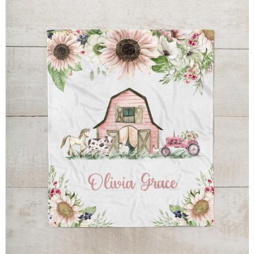 Personalized Baby Girl Farm Blanket -Baby Name Blanket - Pink Floral Farm Animal Blanket with Pink Sunflowers - Custom Baby Shower gift