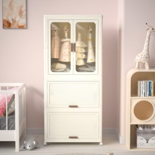 Portable Wardrobe Closet Storage Organizer for Clothing, Clothes Dresser, Magnetic Doors with 4 Cubes and Hanging Rod, 10 Pieces of Hangers, Baby Wardrobe Storage Cabinet, White