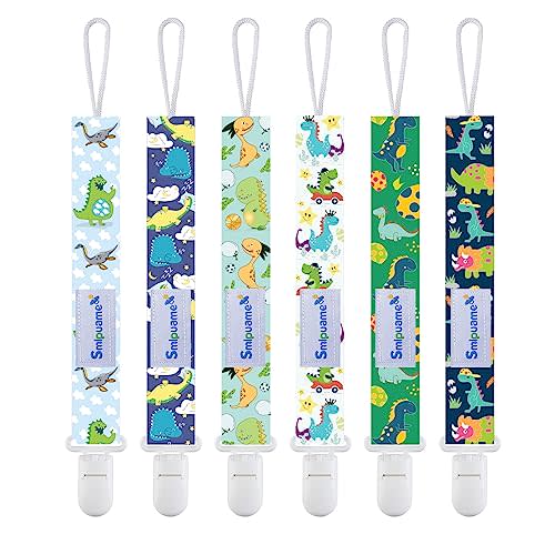 Smlpuame Baby Pacifier Clip for Boys Girl,6 Pack Stylish Binky Clips Strap,Paci Holder with Clips Universal Lightweight Fits Most Pacifiers Teeher Toy Teething Ring Soothie,Baby Gifts(Dinosaur-2)