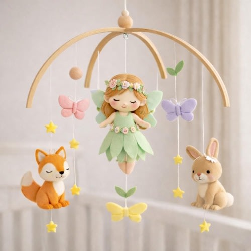 Fairy Baby Mobile, Woodland Felt Crib Mobile with Bunny & Deer, Pastel Nursery Mobile, Butterfly Nursery Decor, Handmade Baby Shower Gift