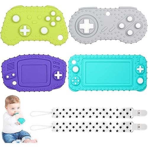 Fu Store 4-Pack Silicone Teething Toys for Infant Toddlers, Remote Control Game Controller Shape Teethers for Babies Chew Toys Relief Soothe Babies Gums Set, BPA Free/Dishwasher and Refrigerator Safe