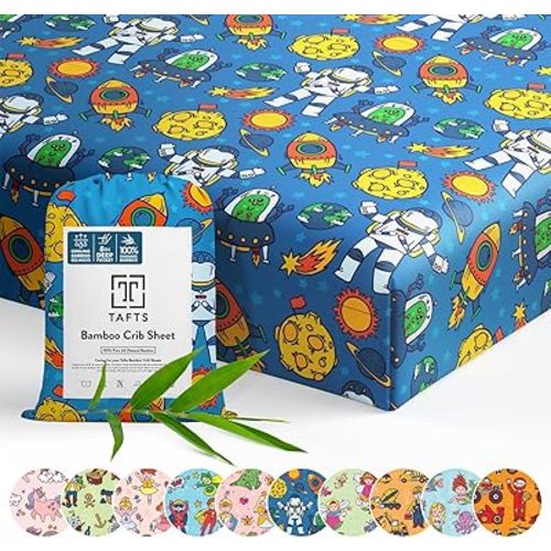 TAFTS 100% Viscose derived from Bamboo Fitted Crib Sheets, Girls, Boys & Unisex, 8 Inch Deep Pocket, Standard Crib & Toddler Mattress, Cooling, Soft, 360 Elastic, Lifetime Quality (28 x 52 Alien)
