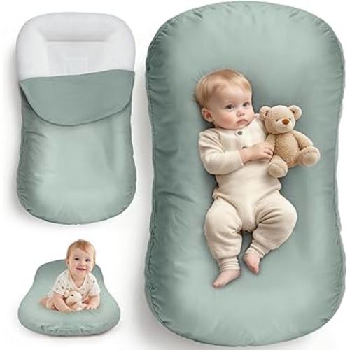 Newborn Lounger & Baby Nest – Essential Baby Registry Gift – XL Portable Infant Floor Cushion for Tummy Time Support – Machine Washable Cotton Cover (CPC Certified)