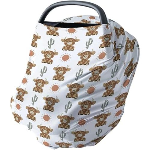 HawSkgFub Boho Highland Cow Cactus Sun 5-in-1 Car Seat Cover for Baby Girl Gift, Brown Bohemia Western Privacy Breastfeeding Nursing Cover, Newborn Infant Multi-use Carseat Canopy Carrier