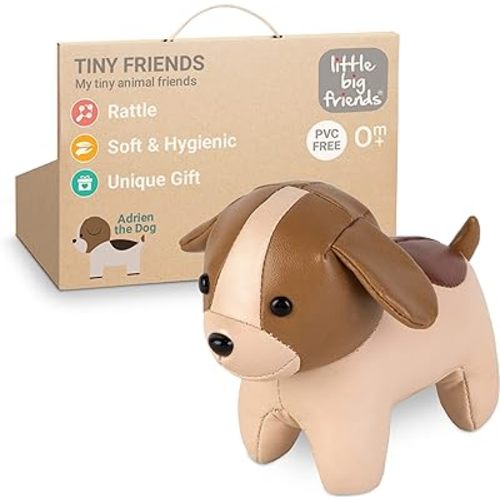Little Big Friends Tiny Friends | Soft Baby Rattle Toy | Special Stuffed Animal | Easy to Clean | Ideal for Strollers, Car Seats, Diaper Bags | Adrien The Dog