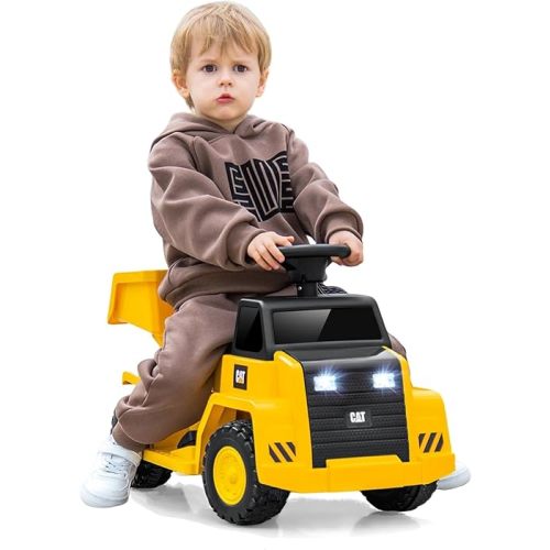 Licensed Caterpillar Ride on Dump Truck by OLAKIDS, 6V Cat Construction Car Electric Vehicle with Adjustable Dump Bed, Horn, Headlight, Bucket, Battery Powered Toys Gift for Kids Toddler Age 1.5-3