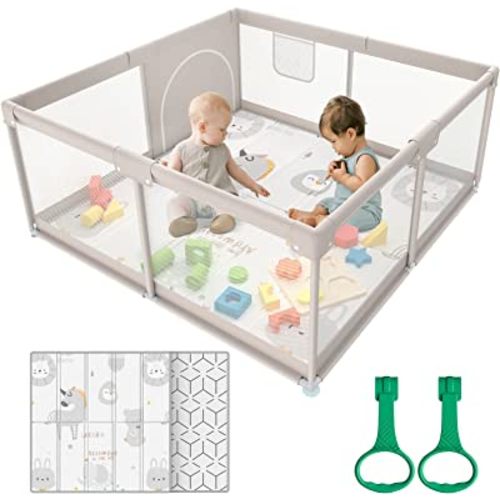 ZEEBABA Baby Playpen with Mat, 47x47inch Playpen, Playpen for Babies and Toddlers, Small Baby Play Pens, Large Playpen for Toddler, Play Yard for Infants with 47" Play Mat, Playard with Gate