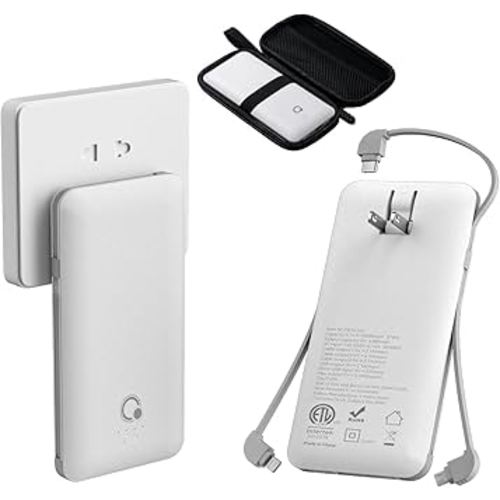 Q 10000mAh Power Bank, Slim Portable Charger,4 Output External Battery Pack with Built-in AC Wall Plug Micro USB C Three Cables Compatible with iPhone Android Phone Smart Watch