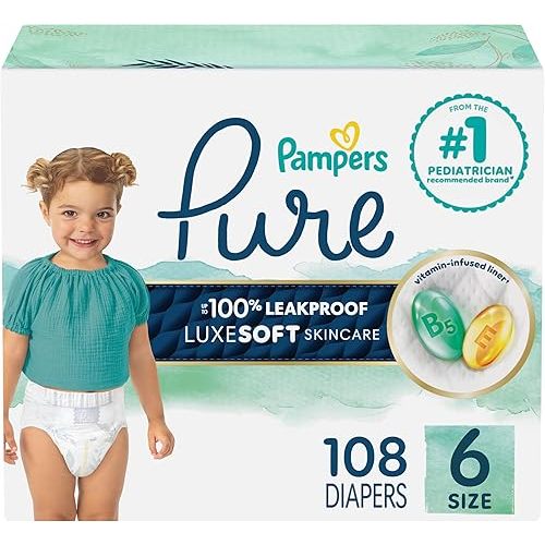 Pampers Baby Diapers - Pure Protection - Size 6, 108 Count, for up to 100% Leakproof, Premium Plant-based Skin Protection