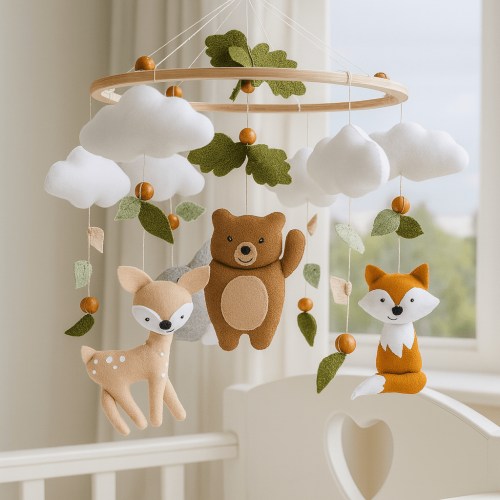 Woodland Baby Mobile Neutral | Forest Animals Baby Mobile with Bear, Deer, Fox & Bunny