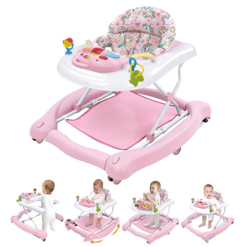 Foldable Baby 5-in-1 Activity Walker - Rocker, Activity Center, Bouncer, Seat Walker, Push Walker - Adjustable Speed Rear Wheels and Height Toys Ages 6-18 Months… (Pink)