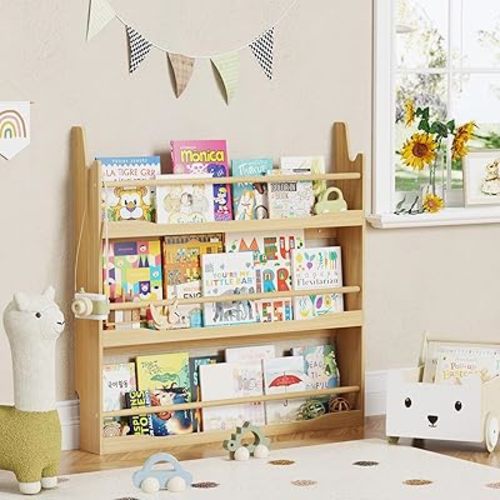 Lkeiyay Wooden Kids Bookshelf,Wall Mount 3-Tier Book Shelf Organizer for Toys and Books,Wall Book Shelves for Bedroom Kids (Natural)