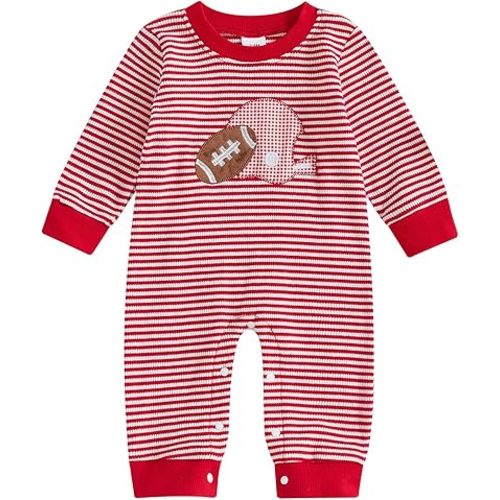 Karuedoo Newborn Baby Boy Girl Football Outfit Rugby Embroidery Stripe Romper Waffle Knit Long Sleeve Jumpsuit Fall Clothes