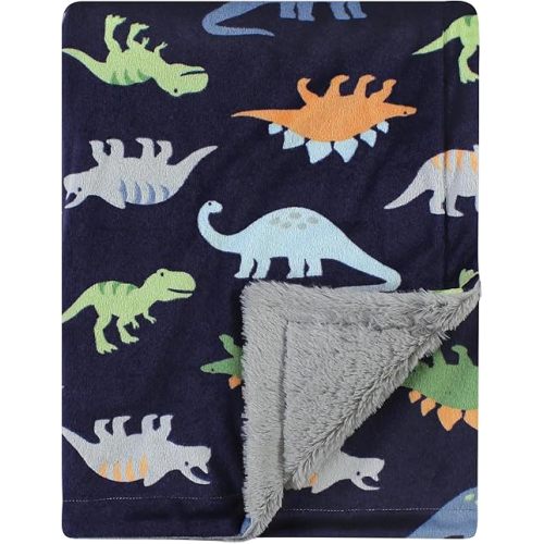 Hudson Baby Unisex Baby Plush Blanket with Furry Binding and Back, Dinosaurs, One Size
