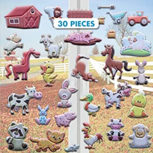 Funny Farm Animals Window Clings for Kids & Toddlers (by Jesplay USA - Reusable Window Stickers Gels & Decals) Puffy Sticker Activites for Car Plane Home- Horse, Cow, Farmer, Farm House Animals