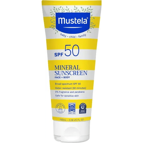 Mustela Baby Mineral Sunscreen Lotion SPF 50 Broad Spectrum - Face & Body Sun Lotion for Sensitive Skin - Water Resistant & Fragrance Free - Regular & Family Size