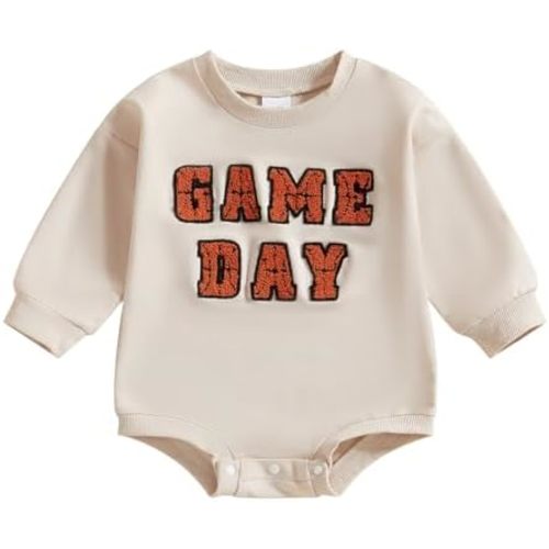 Infant Baby Boy Girl Basketball Outfit Game Day Bow Print Long Sleeve Bubble Romper Sweatshirt Newborn Fall Shirt
